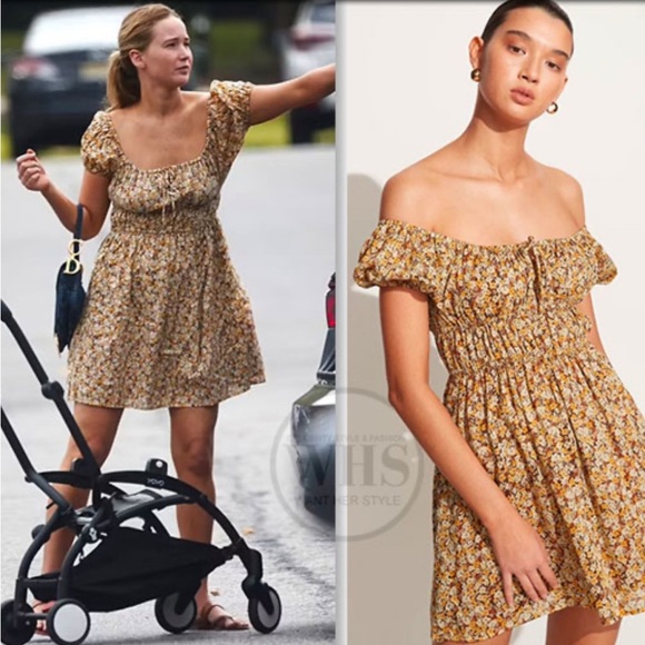 Faithfull the Brand Yellow Floral Mini Dress Women’s Medium Puff Sleeve - Picture 1 of 5